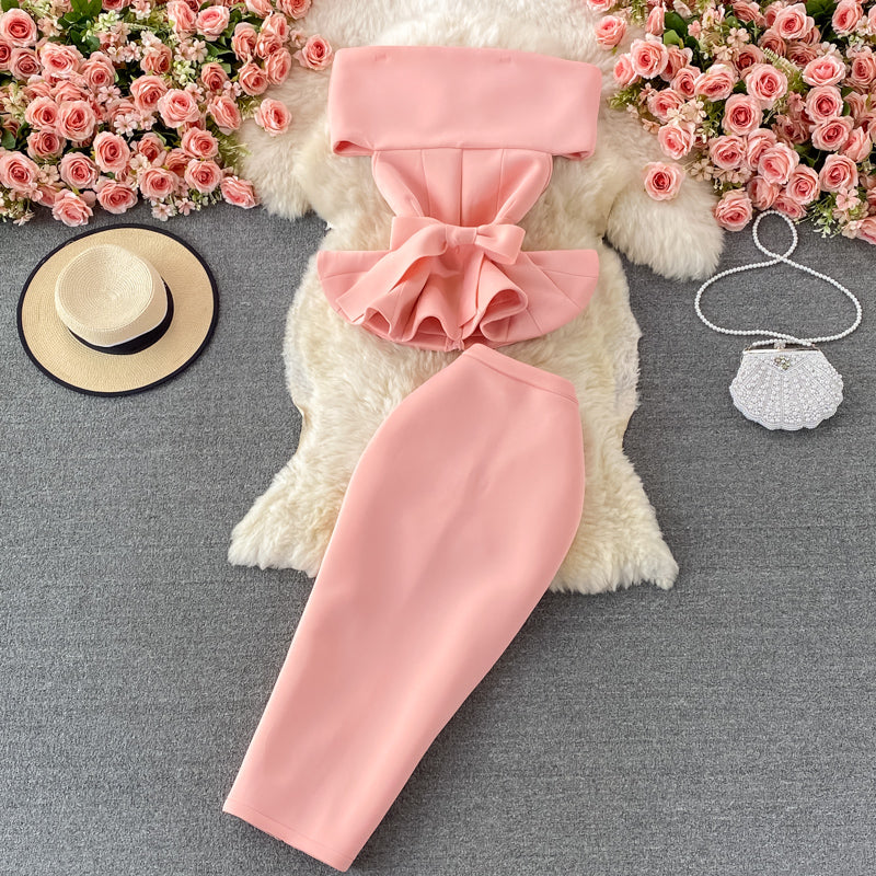 Flirty Two Piece Ruffled Short Top And Skirt Set
