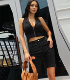 Backless Tank Top For Women Hanging Neck Slim Fit Wave Collar