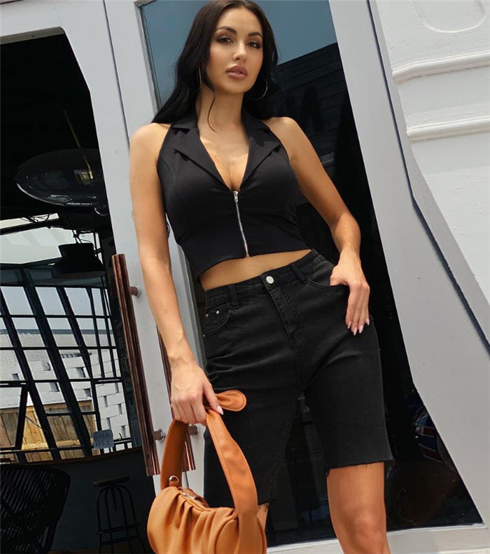 Backless Tank Top For Women Hanging Neck Slim Fit Wave Collar