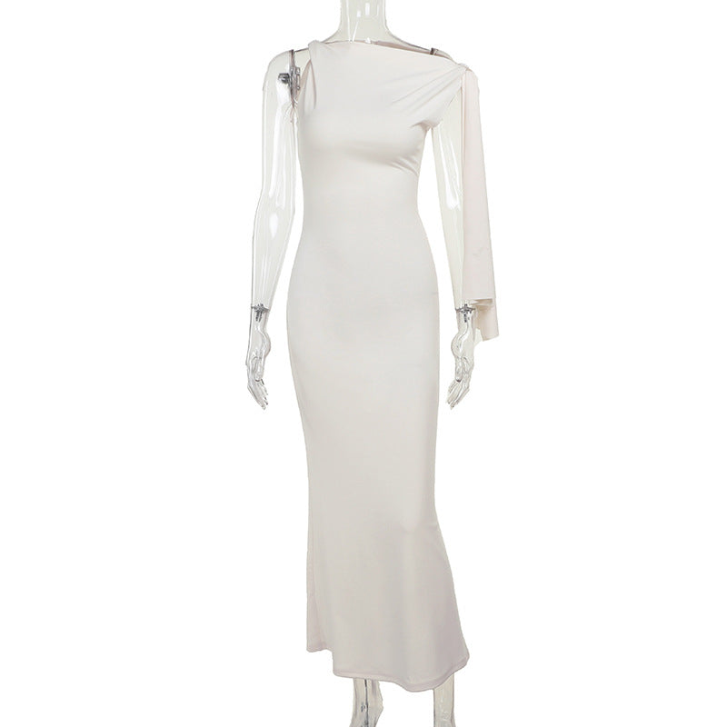 One-Shoulder Ribbon Long Dress Slim Fit Sleeveless Evening Party
