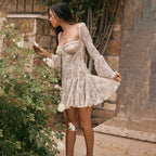 Lace Square Collar Bell-bottom Long Sleeve Tied A- Line Dress