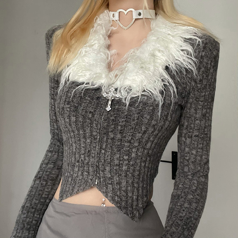Chic Cropped Zipper Long Sleeve Top In Grey With Sculpted Slim Fit
