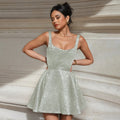 Silver Open Back Square Collar Summer Dress With High Waist Silhouette And Short Skirt
