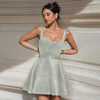 Silver Open Back Square Collar Summer Dress With High Waist Silhouette And Short Skirt