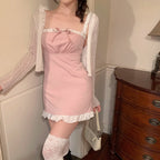 Pink Lace Cardigan Set With Suspender Skirt Two Piece Outfit For A Chic Cozy Vibe