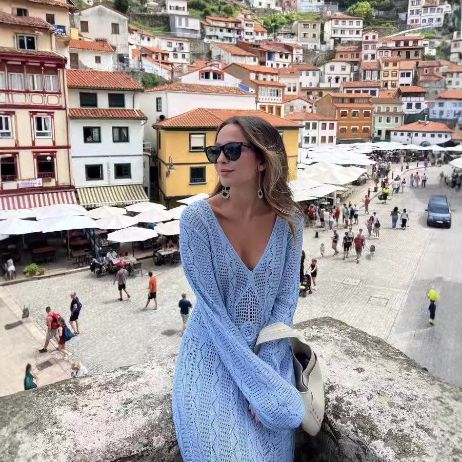 Sky Blue Long Knitted Dress With Bell Sleeves And High Waist