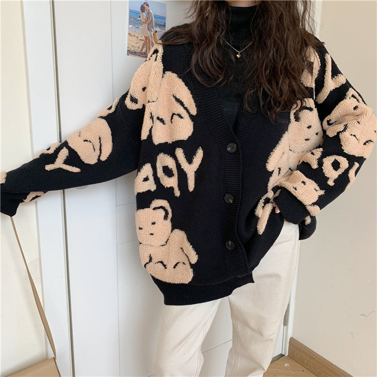 Cozy Winter Bear Print Top For Ladies Loose Fit V-Neck