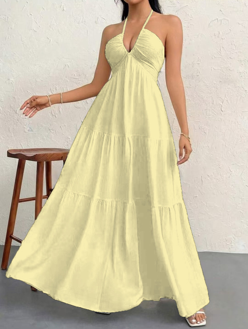 Backless Halter Neck A-Line Maxi Dress With Pleated Skirt For Beach Vacation