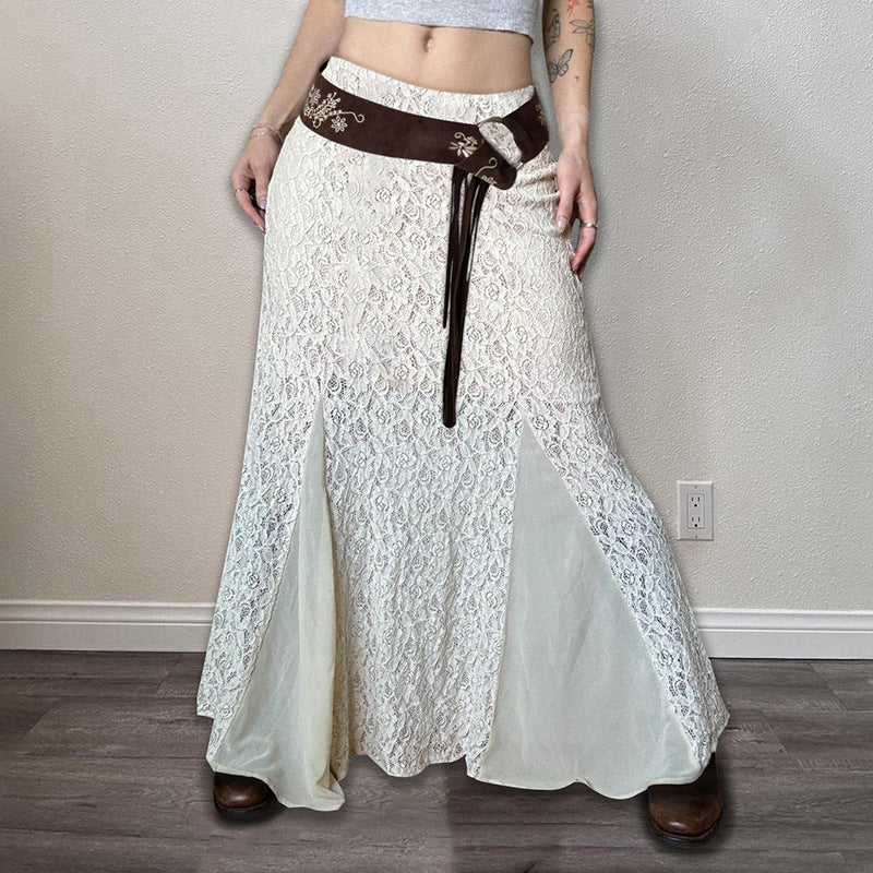 Milky White Slimming Mesh Fishtail Skirt With Lace Detail For Women