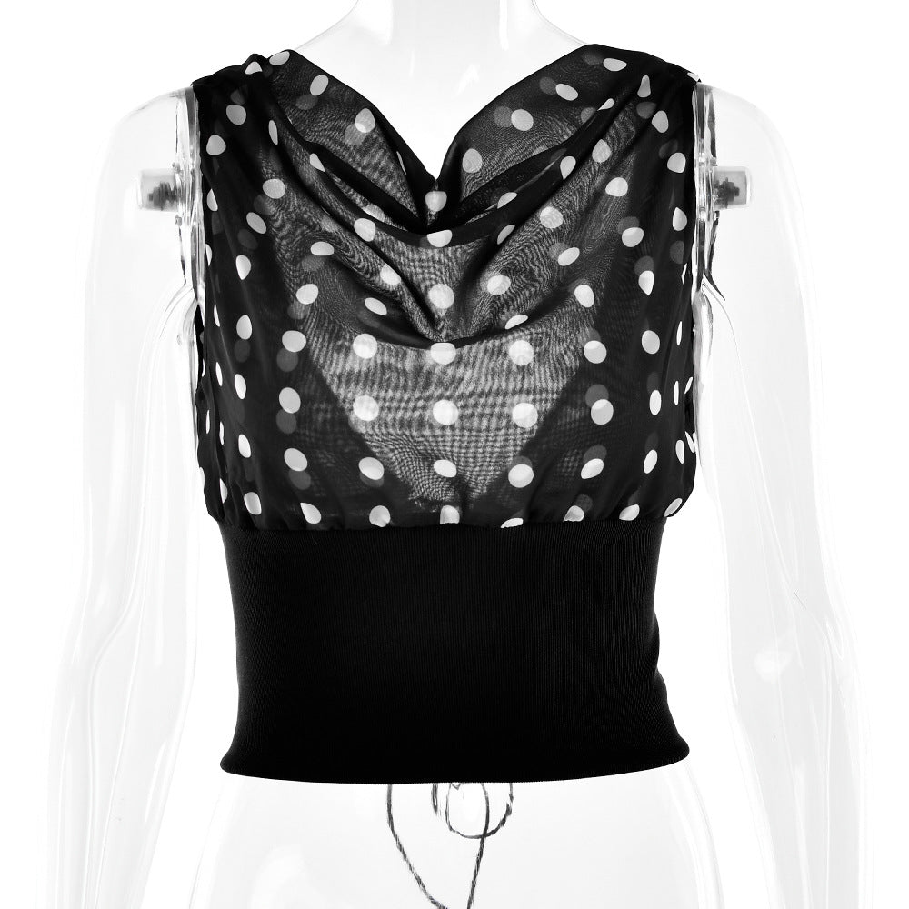 Polka Dot Chiffon Patchwork Crop Top With Bottom Set