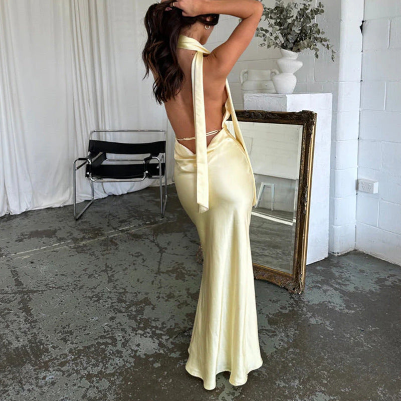 Yellow Halter Long Dress Mid Waist Sleeveless