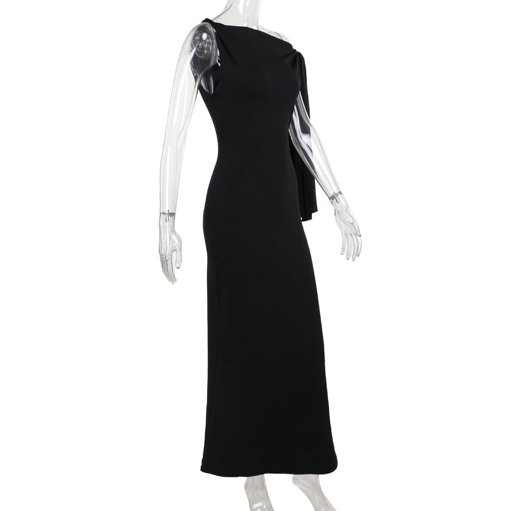 One-Shoulder Ribbon Long Dress Slim Fit Sleeveless Evening Party