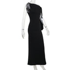One-Shoulder Ribbon Long Dress Slim Fit Sleeveless Evening Party