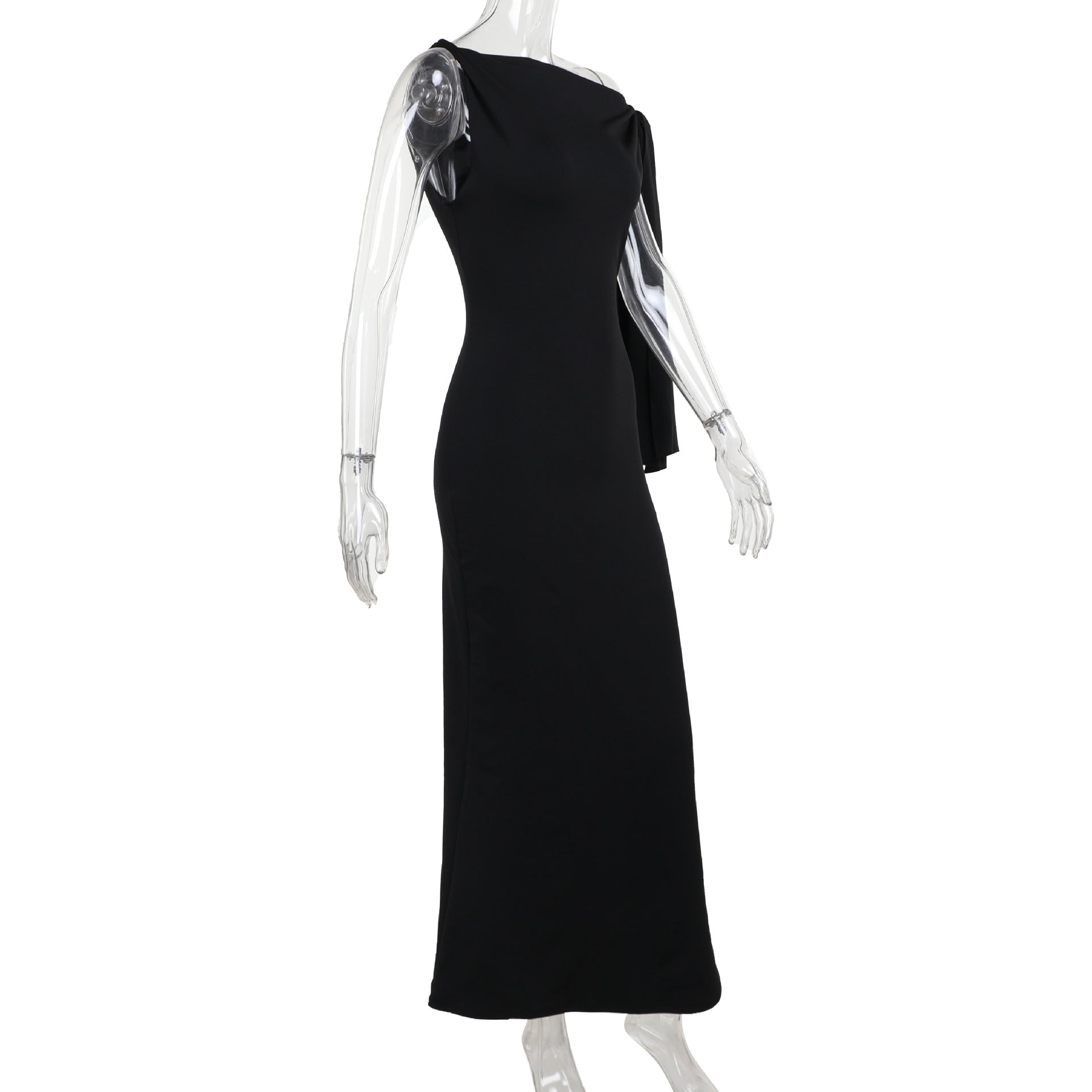 One-Shoulder Ribbon Long Dress Slim Fit Sleeveless Evening Party