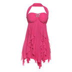 Halter Neck Backless Mesh Mini Printed Irregular Short Dress