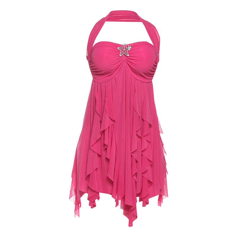 Halter Neck Backless Mesh Mini Printed Irregular Short Dress
