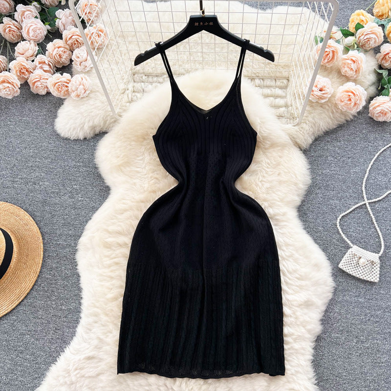 Hollow Knit Dress For Women With High Waist Short