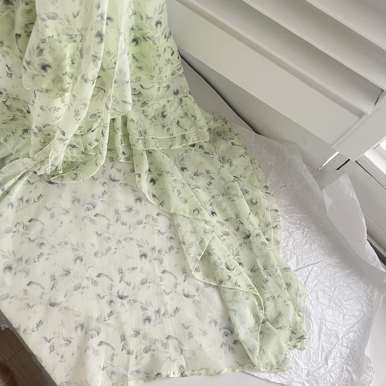 Malt Green Floral Chiffon Dress With Spaghetti Straps Flounced Midi Skirt Retro Art Vibe