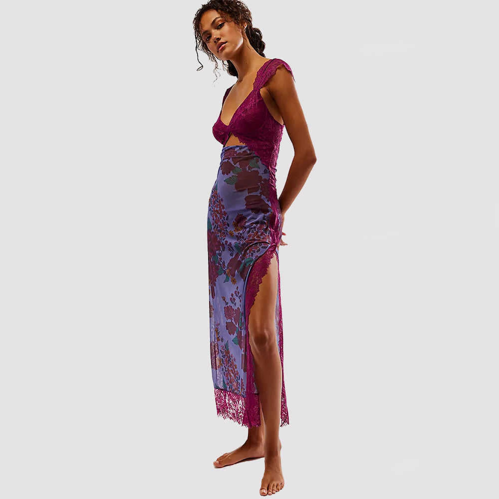 Women's V-Neck Lace Floral Print Midi Dress