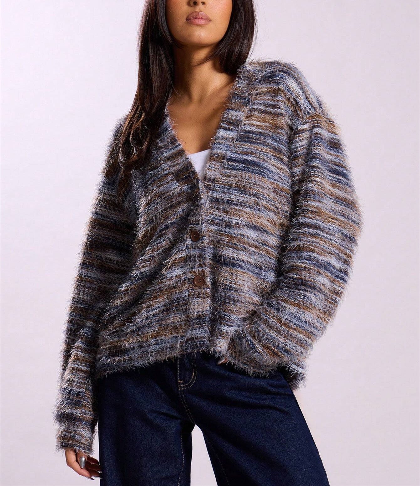 Cozy Stripe Knitted Button Cardigan Cropped V Neck Sweater For Women