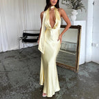 Yellow Halter Long Dress Mid Waist Sleeveless