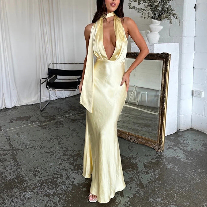Yellow Halter Long Dress Mid Waist Sleeveless