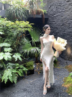 White Suspender Dress With High Waist And Asymmetric Hem