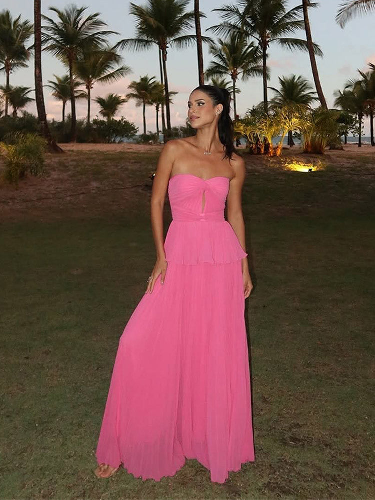 Graceful Pink Suspender Dress With High Waist Silhouette