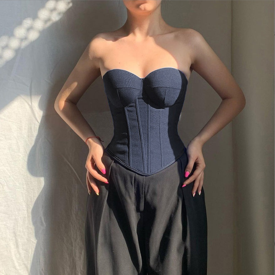Denim Tube Vest Top With Back Tie Cropped Corset Tank