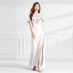 Milky White Off Shoulder Dress With Ruffled Sleeves Long Skirt