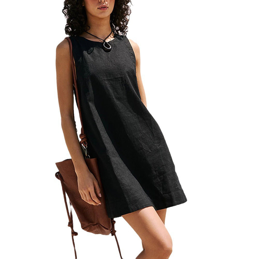 Backless Dress Solid Color Sleeveless Style