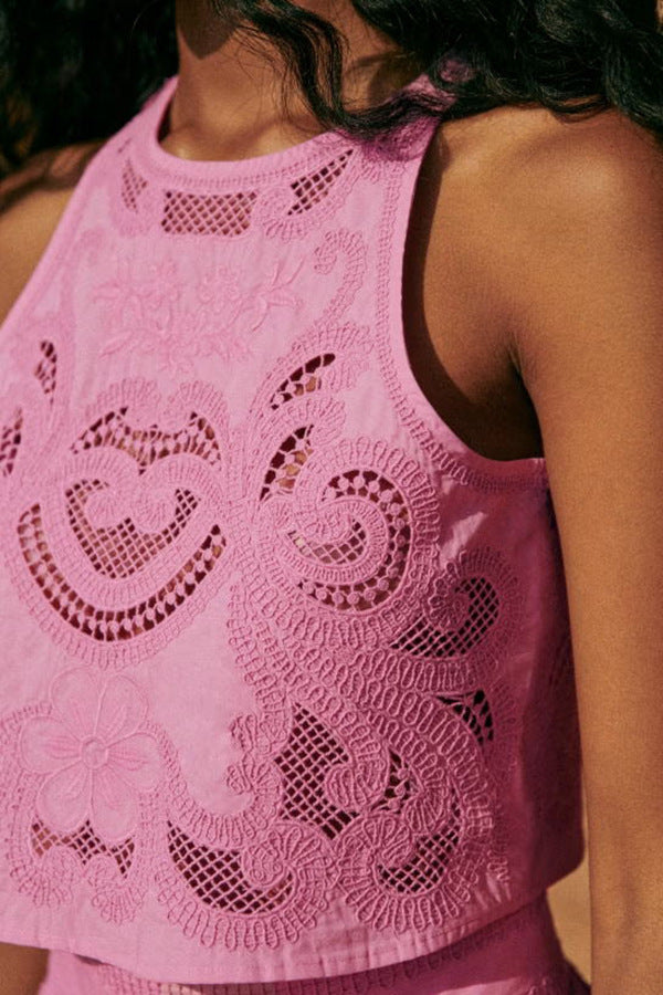 Elegant Pink Embroidered Sleeveless Top and Skirt Set Feminine Look