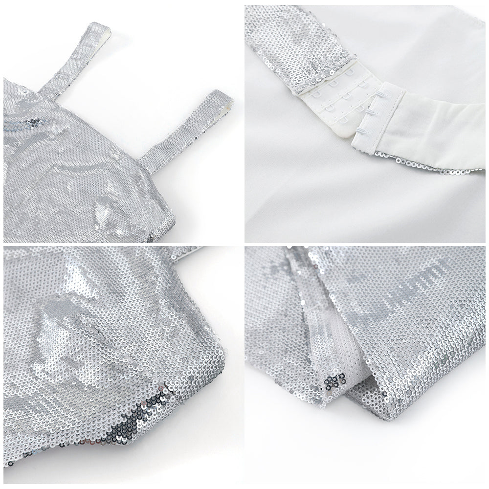 Women's Silver Sequin Halter Sheath Dress - Mid-Length Dinner Dress