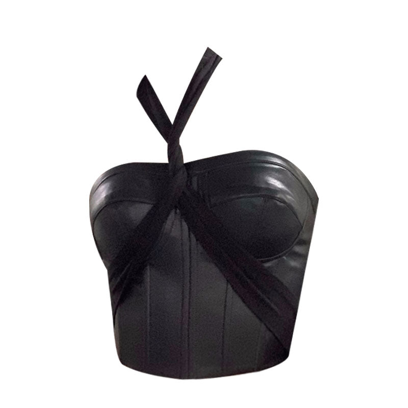 Black Strappy Leather Tube Vest With Short Slim Fit Chic Layering Top