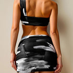 Three Piece Bikini Set In Black And White Tie Dye For Women