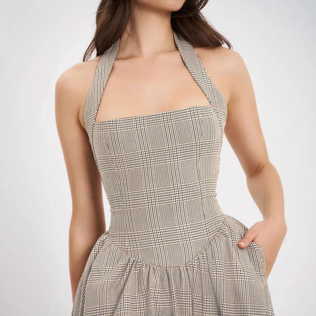 Chic Halter Dress In Gray Stripe Plaid High Waist Long Skirt With Pockets