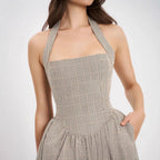Chic Halter Dress In Gray Stripe Plaid High Waist Long Skirt With Pockets