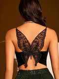 Butterfly Embroidered Strap Top In Black