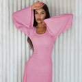 Women's U-Neck Lace-Up Back Princess Dress with Bell Sleeves