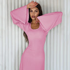 Women's U-Neck Lace-Up Back Princess Dress with Bell Sleeves