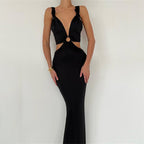 Chic Backless Patchwork Maxi Dress With Neck Straps
