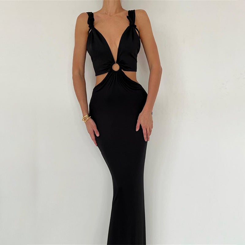 Chic Backless Patchwork Maxi Dress With Neck Straps