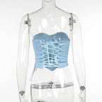 Denim Tube Vest Top With Back Tie Cropped Corset Tank