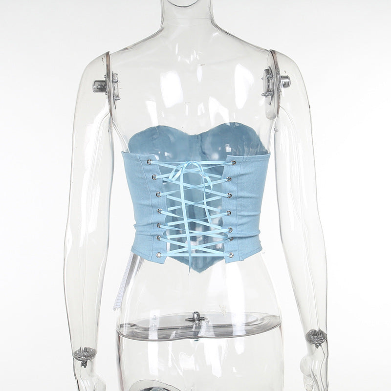 Denim Tube Vest Top With Back Tie Cropped Corset Tank