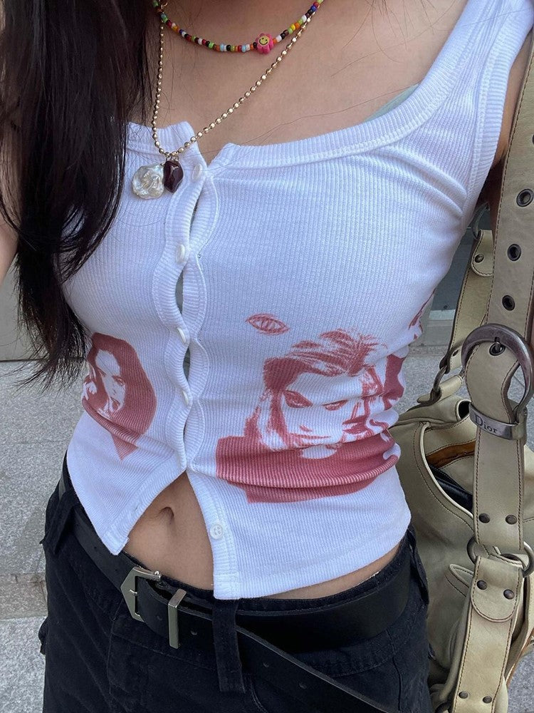 Graphic Print Sleeveless Top In White
