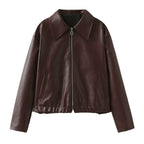 Elevated Casual Faux Leather Jacket With Lapel Zipper For Women