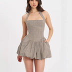 Chic Halter Dress In Gray Stripe Plaid High Waist Long Skirt With Pockets