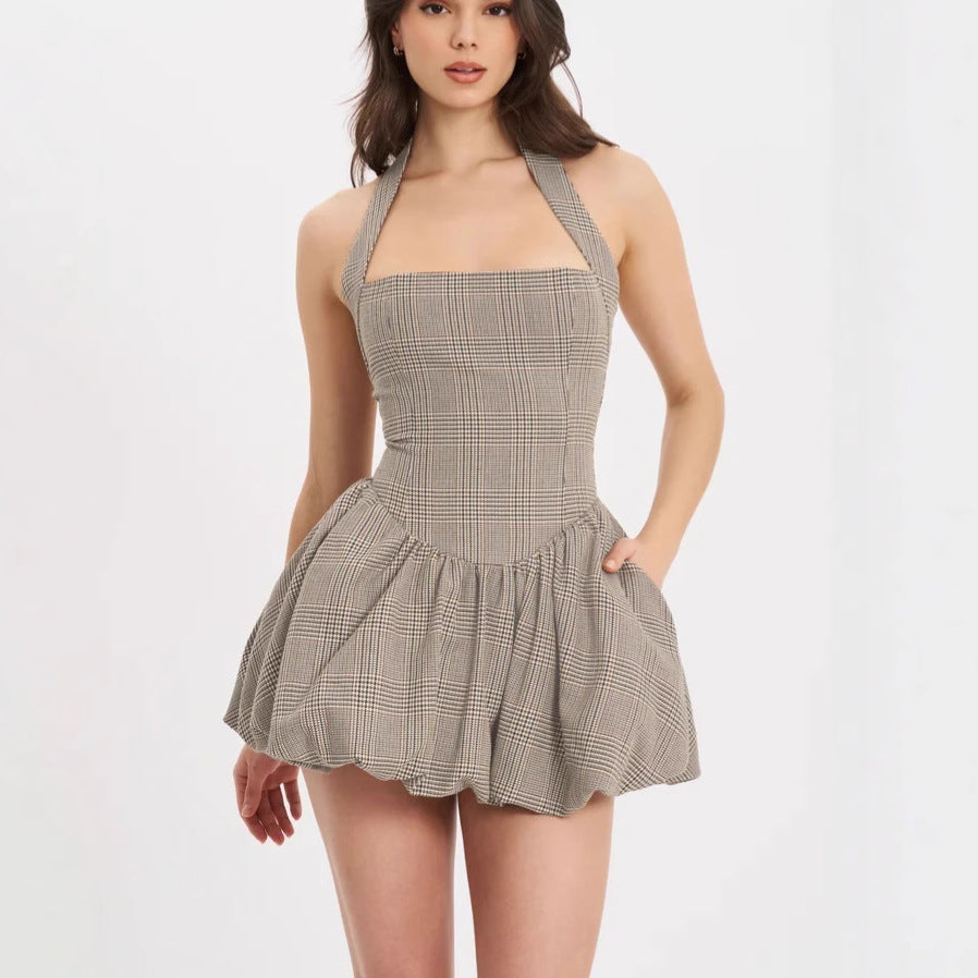 Chic Halter Dress In Gray Stripe Plaid High Waist Long Skirt With Pockets
