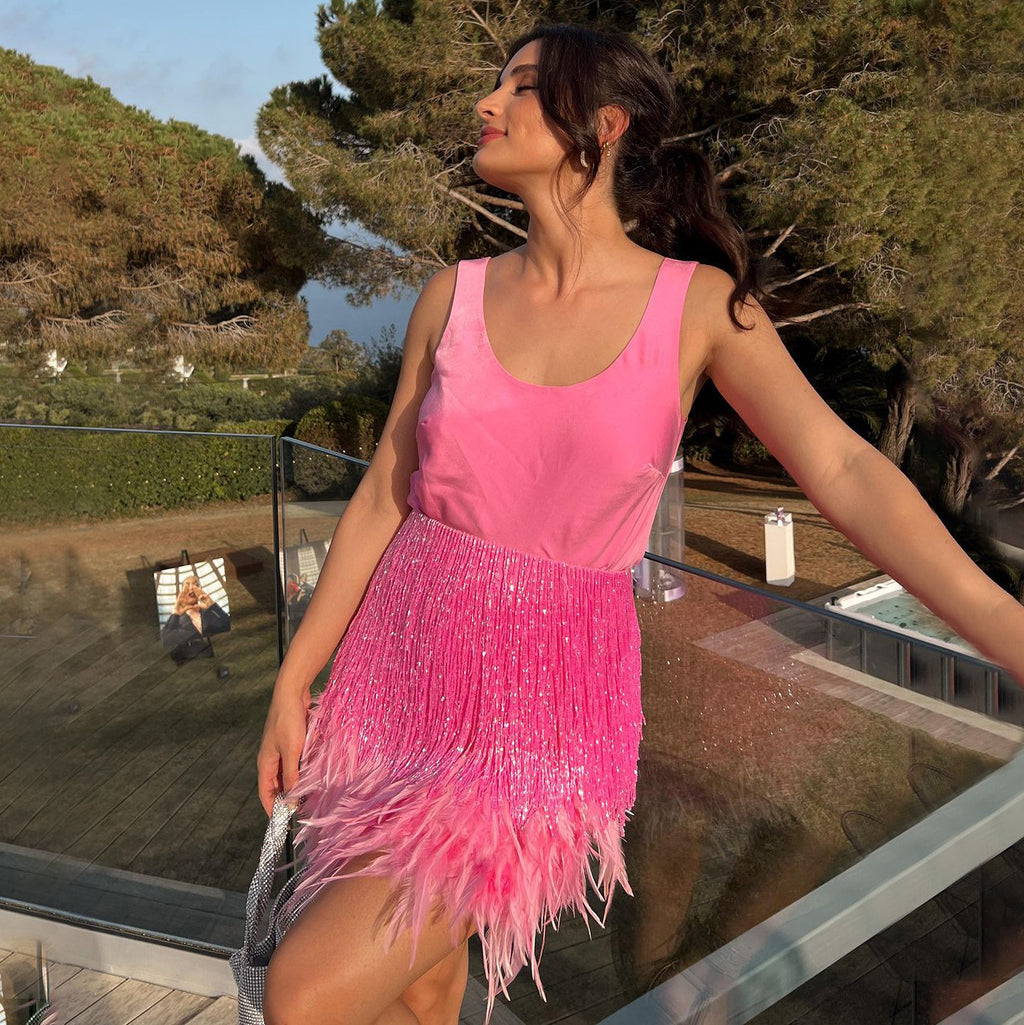 Elegant Tassel Strapless Mini Skirt Set