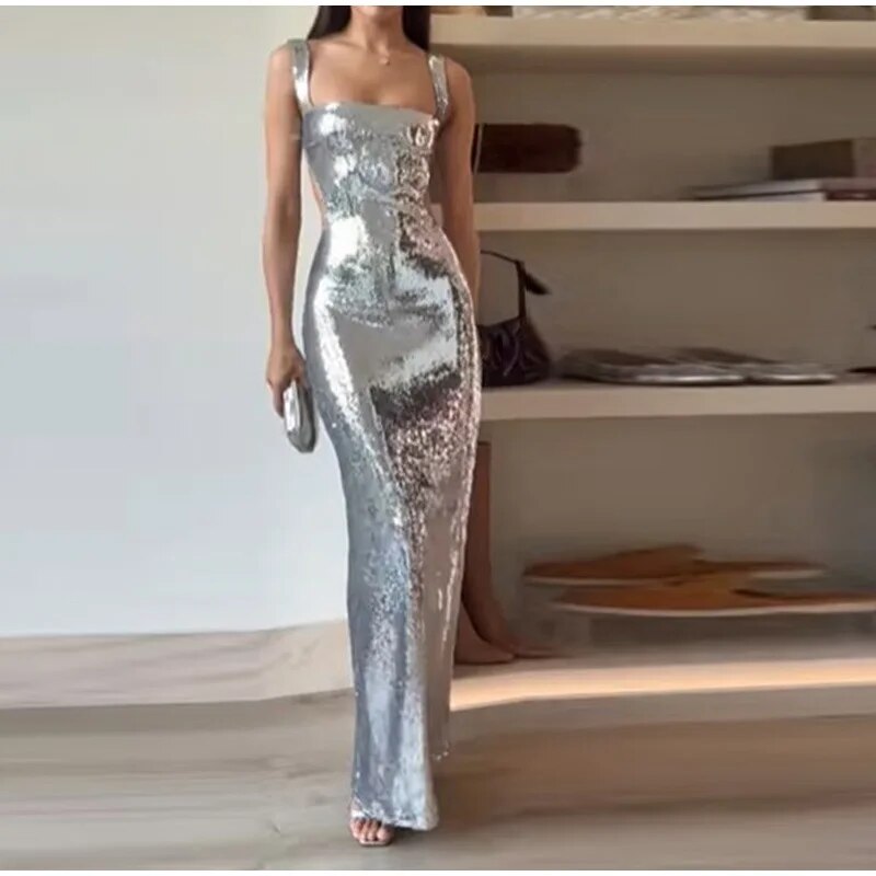 Women's Silver Sequin Halter Sheath Dress - Mid-Length Dinner Dress